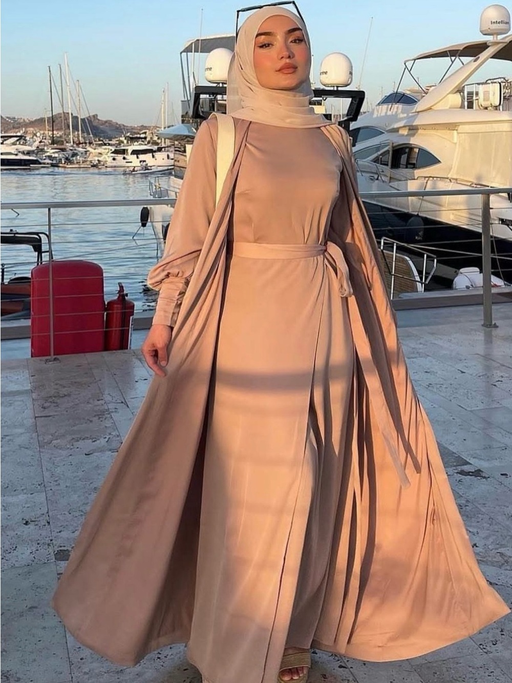Veiled Collection Sadia 3-Piece Set: Abaya, Maxi Dress & Skirt in Dusty Rose